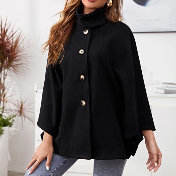 mock neck button cape pea coat cloak sleeve wine - Picture 2 of 10